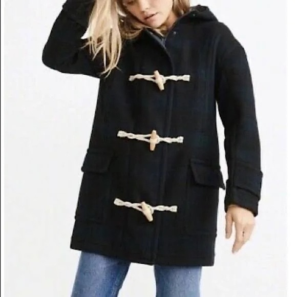 Abercrombie & Fitch | Women’s navy/green plaid wool hooded zip duffel coat sz XS - Picture 2 of 16